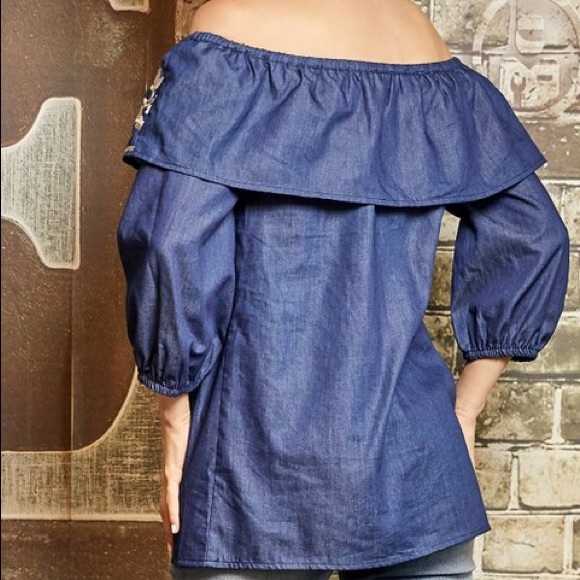 Dark Chambray Embroidered Ruffle Off Shoulder Top - Picture 2 of 3